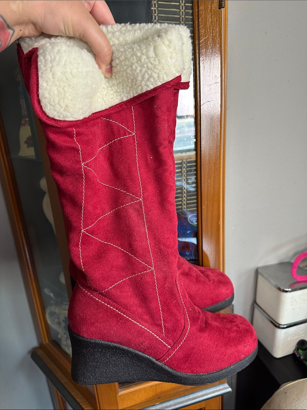 BAMBOO Red Suede Wedge Boots with Cream Faux Shearling